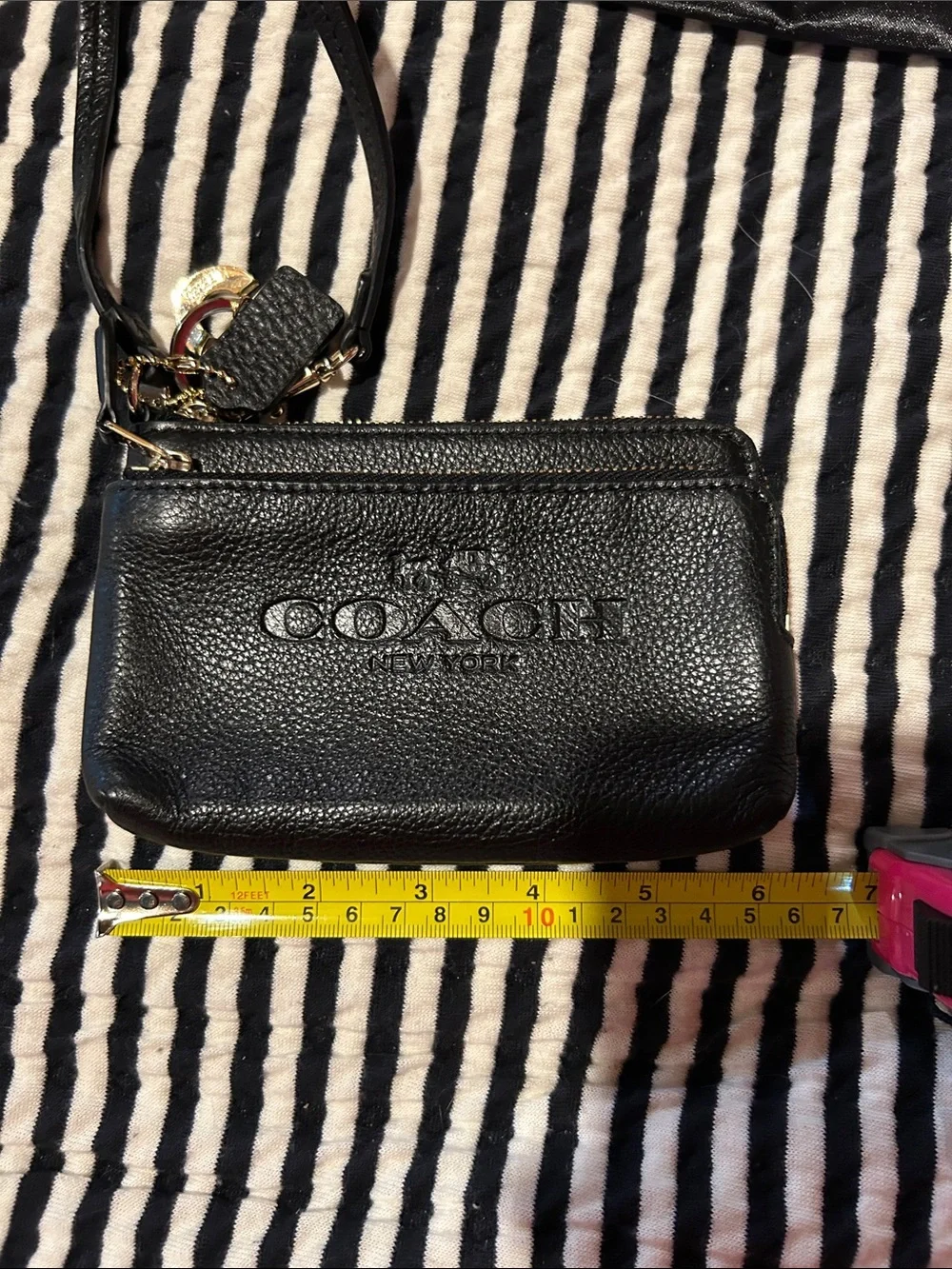 Coach Black Pebbled Leather Zip Wristlet Keychain